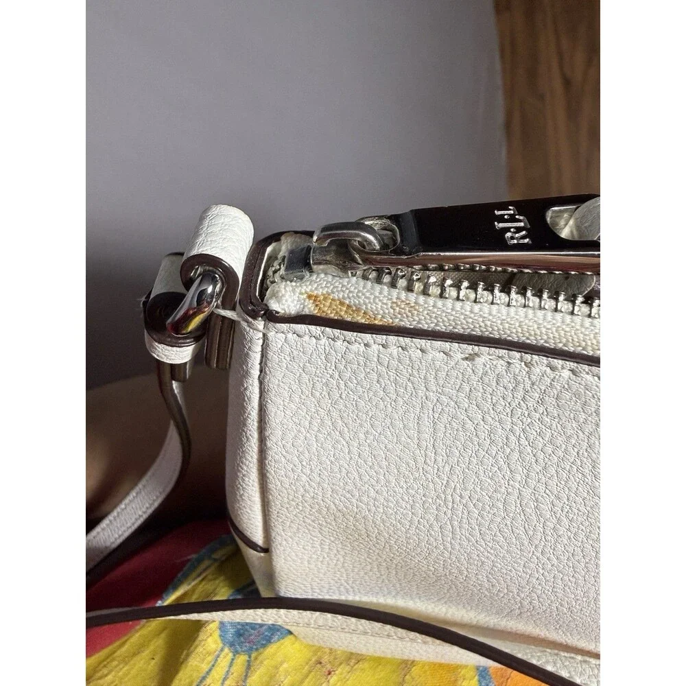 Lauren Ralph Lauren Pebbled Leather Crossbody Bag Ivory Cream RLL Silver Zip